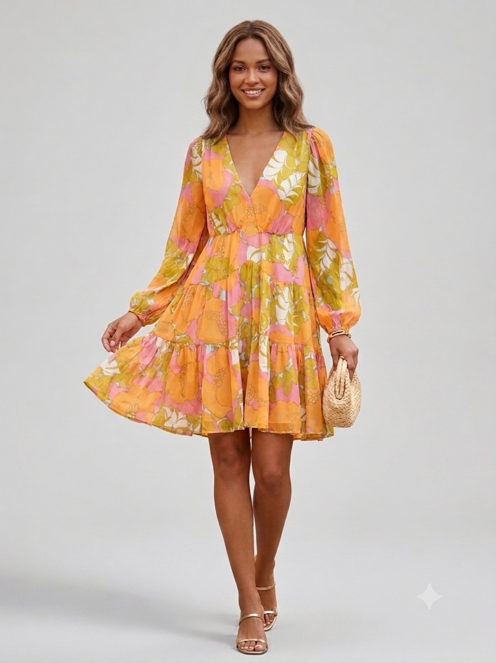NWT Trina Turk Pink, Yellow & Olive Floral Tiered Dress
